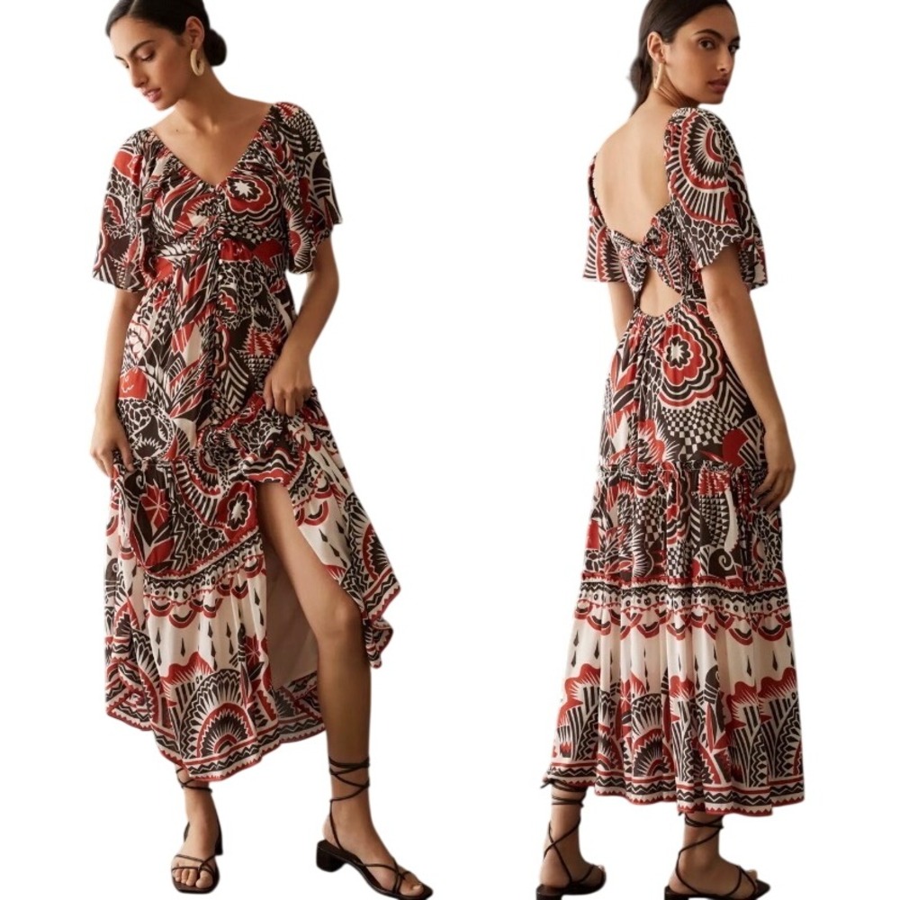 Anthropologie XXS Tiered Maxi Dress Rust Brouwn Print Smocked Back Cutout Boho